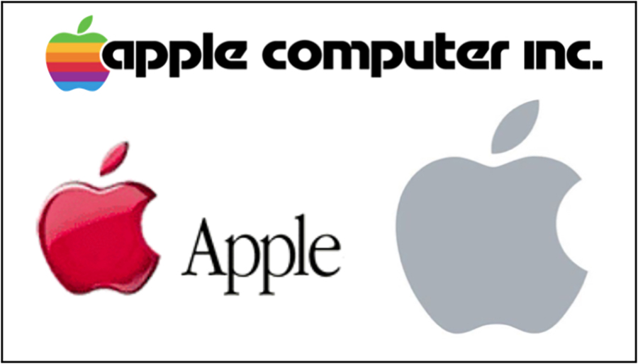 Apple logo evolution — rainbow striped Apple Computer Inc. logo, to red glossy apple, to today's clean silver mark