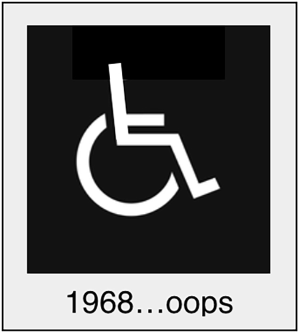 The original 1968 ISA submission — the wheelchair symbol without a head. Caption: 1968...oops
