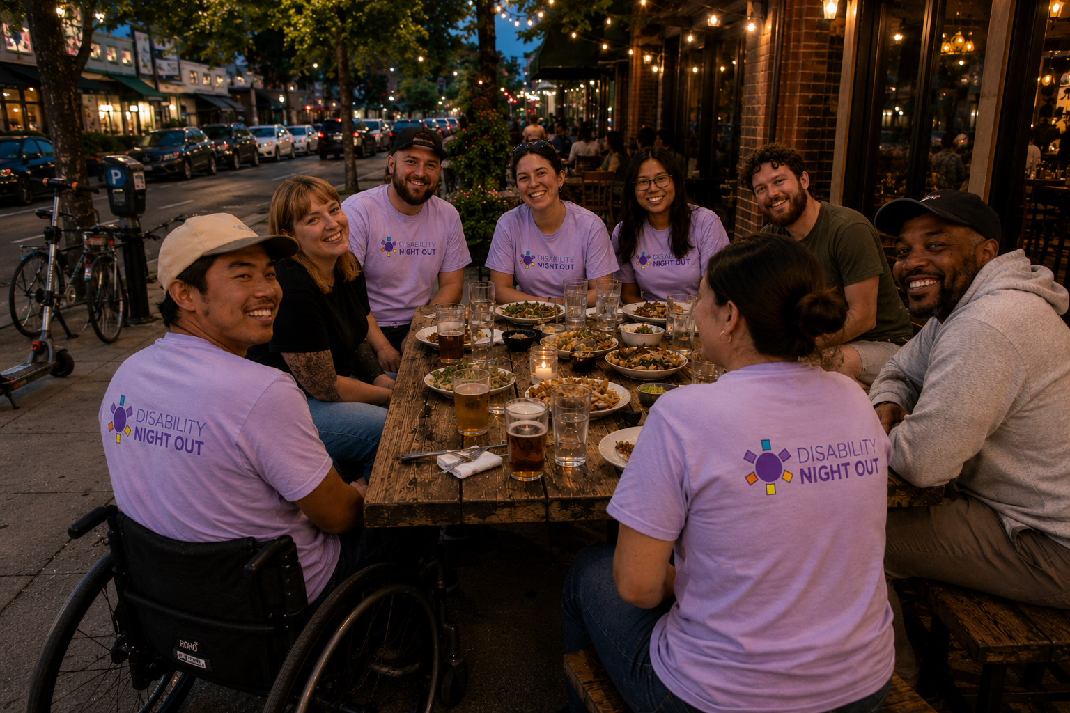 A group of friends at an outdoor restaurant table wearing matching lavender Disability Night Out shirts, including a friend using a wheelchair, laughing together in the evening light