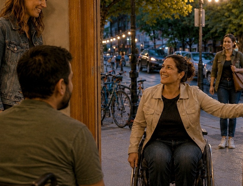 A woman using a wheelchair, greeted by a friend inside and a friend using a wheelchair at the table, arrives at a restaurant with a level, welcoming entrance at dusk