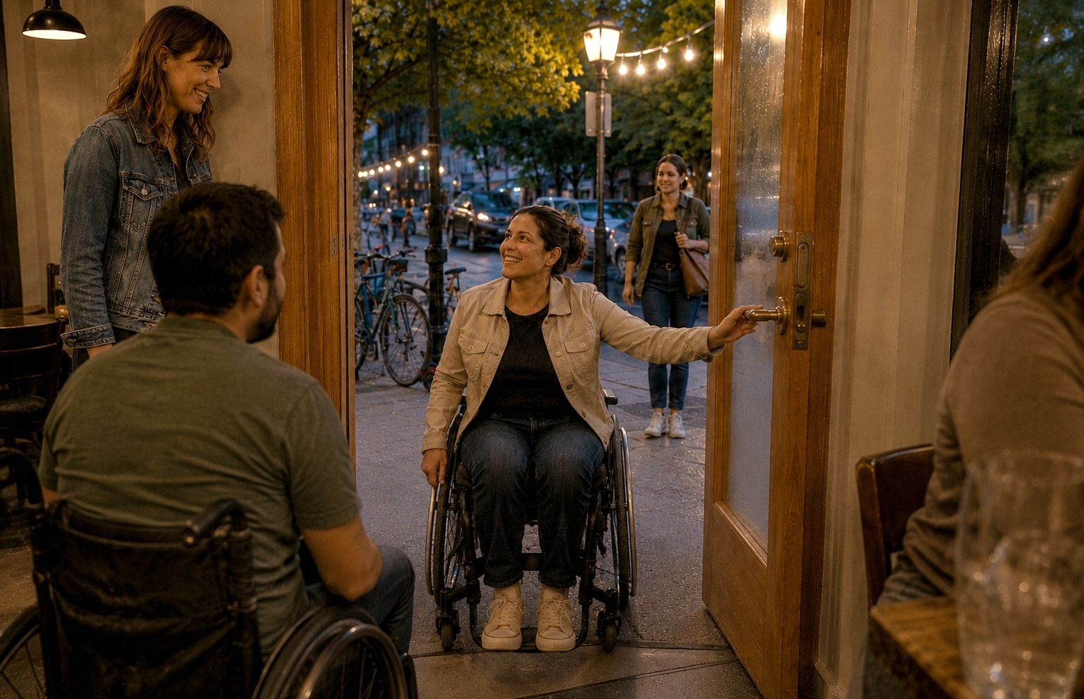 A woman using a wheelchair reaches for the door handle of a restaurant with a level, welcoming entrance at dusk, greeted by someone inside as a friend using a wheelchair waits at the table beyond