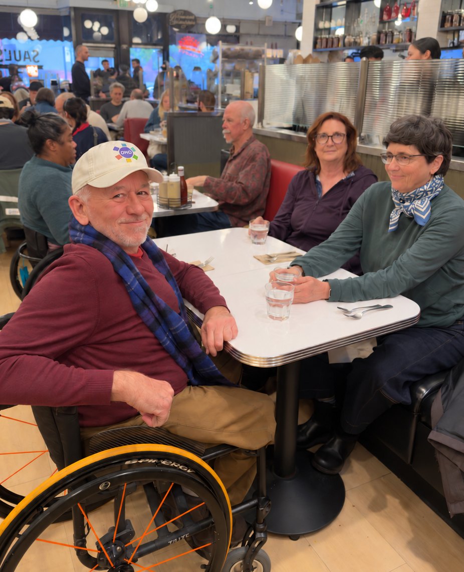 Erick Mikiten, an architect and wheelchair user wearing a Disability Night Out cap, smiling at the camera from a busy restaurant table, with his friends Elisa and Libby seated across from him
