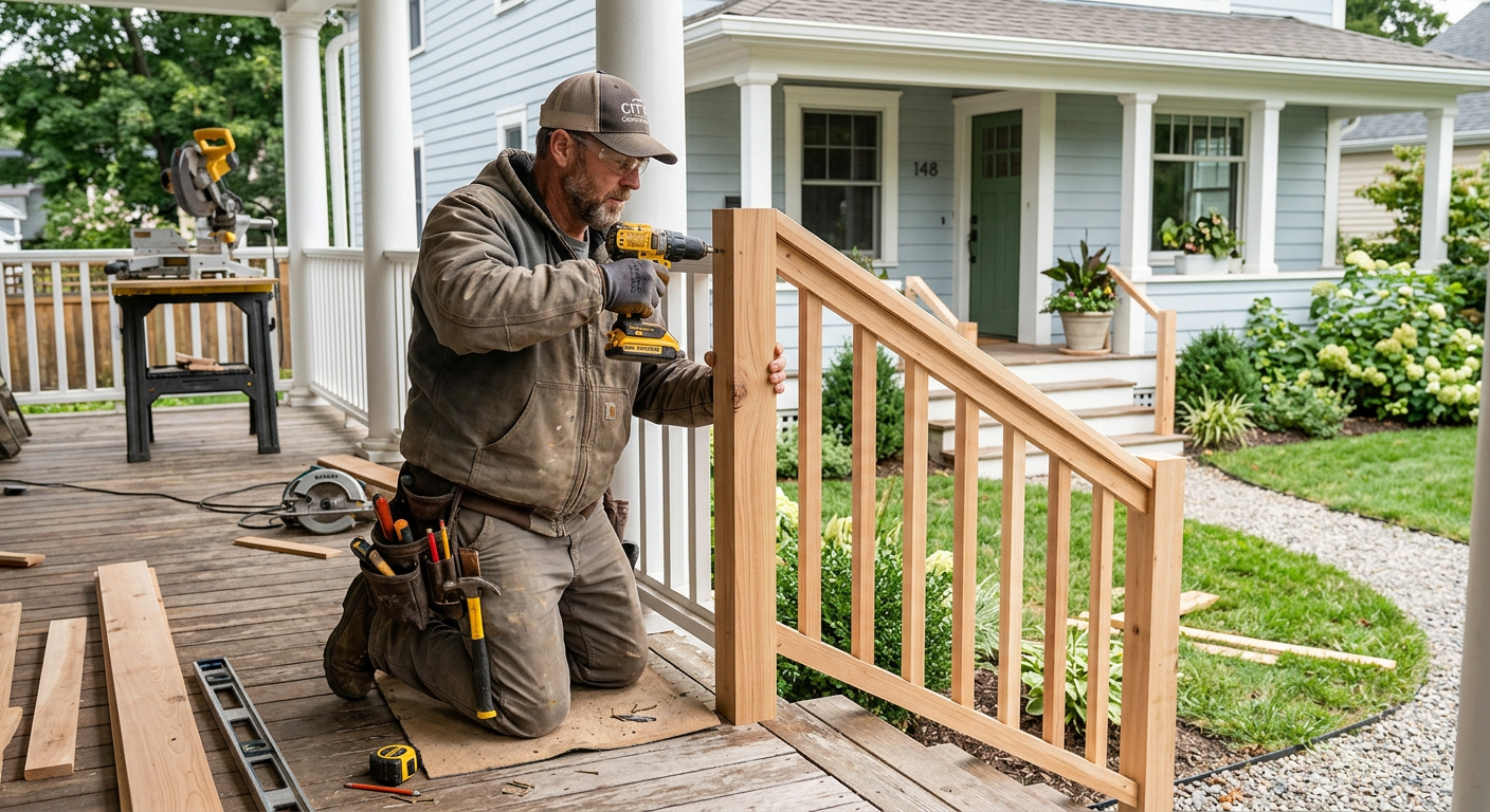 A contractor installing a new wood handrail on a residential front porch