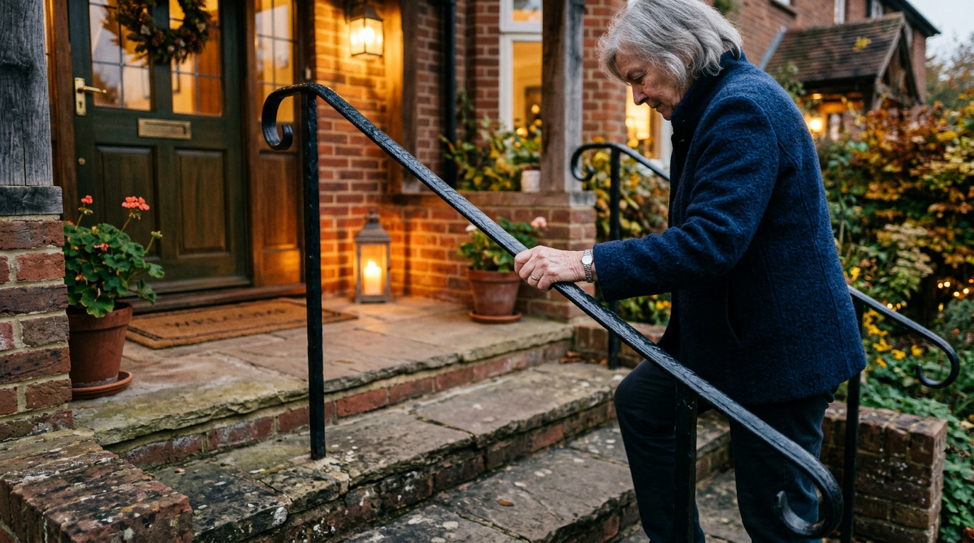 Close-up of an older person's hands gripping a handrail while navigating front porch steps at dusk
